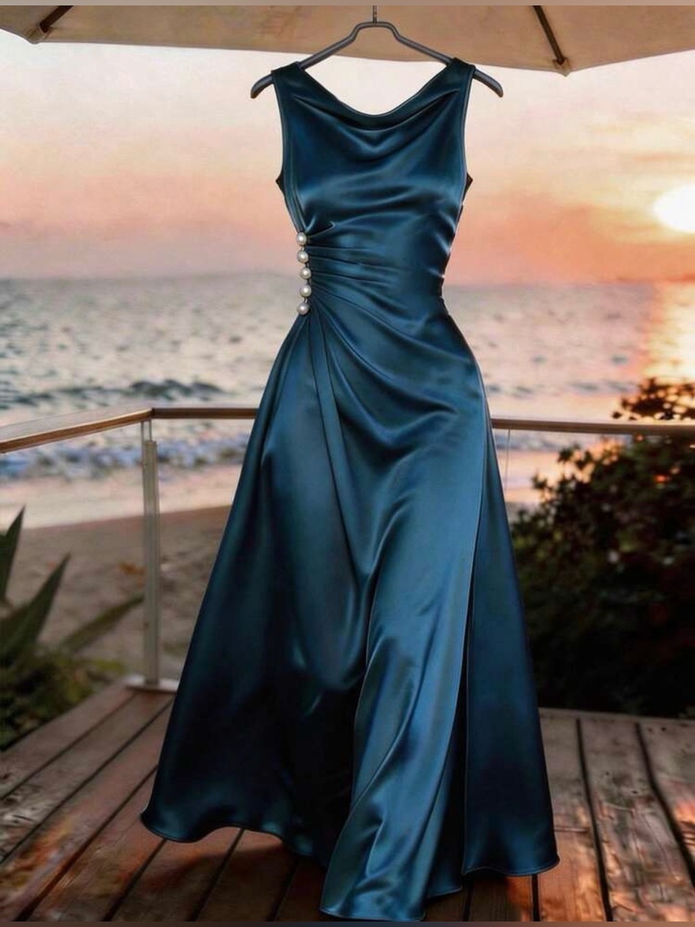 Brand New!! Satin Teal Evening Gown with Pearl Side Detail